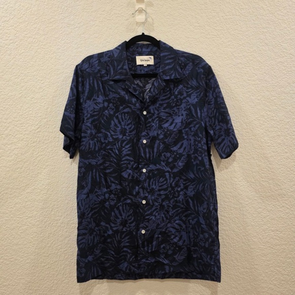 Unison Create Mens Navy Blue Tropical Monstera‎ Leaf Print Camp Shirt CU-SS03 M